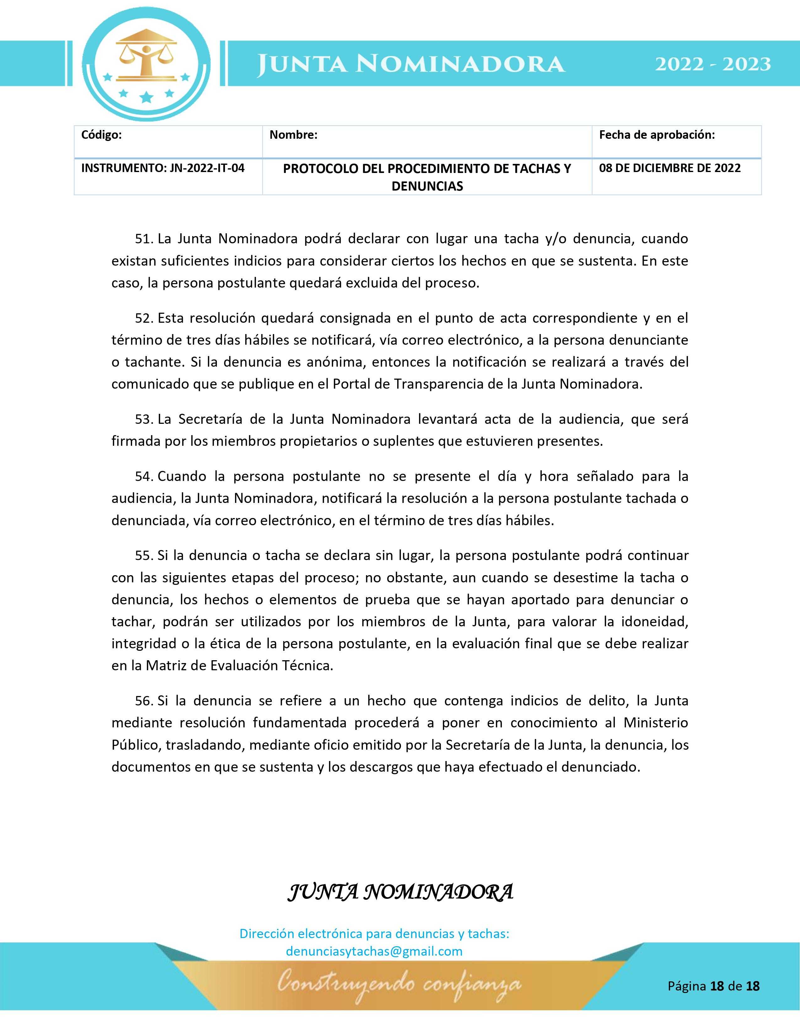 Protocolo para la etapa de tachas y denuncias